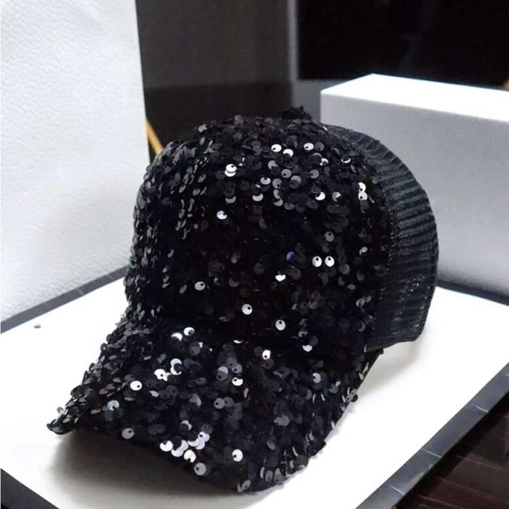 NEW Black Sequin Ball Cap Hat